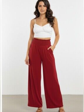 Zenana Ruby Lounge Pants ❤️ High Waist Smocked Wide Leg Comfy Soft